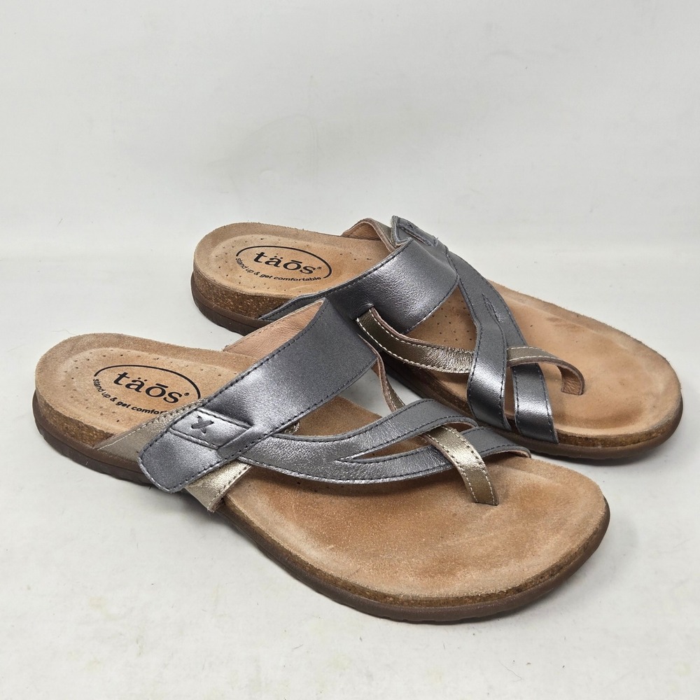 Taos Perfect Pewter Metallic Leather Comfort Sandals Women 9 PRF-14050